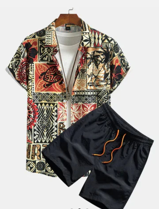 Pm Tree Turtle Enc Gmr Print Button Up Shirt & Swim Shorts